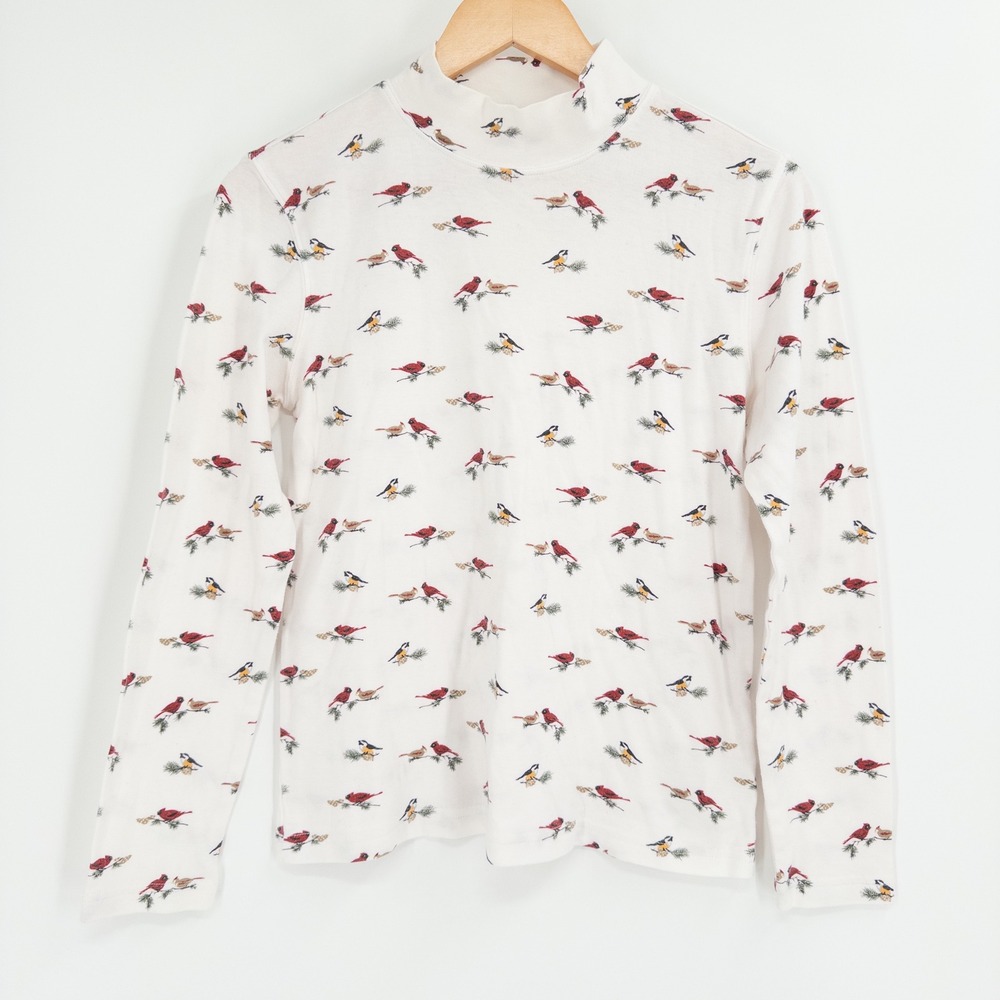 Vintage 90s Christmas Top Womens PM Bird Cardinal Grandma Holiday Cottage Mock